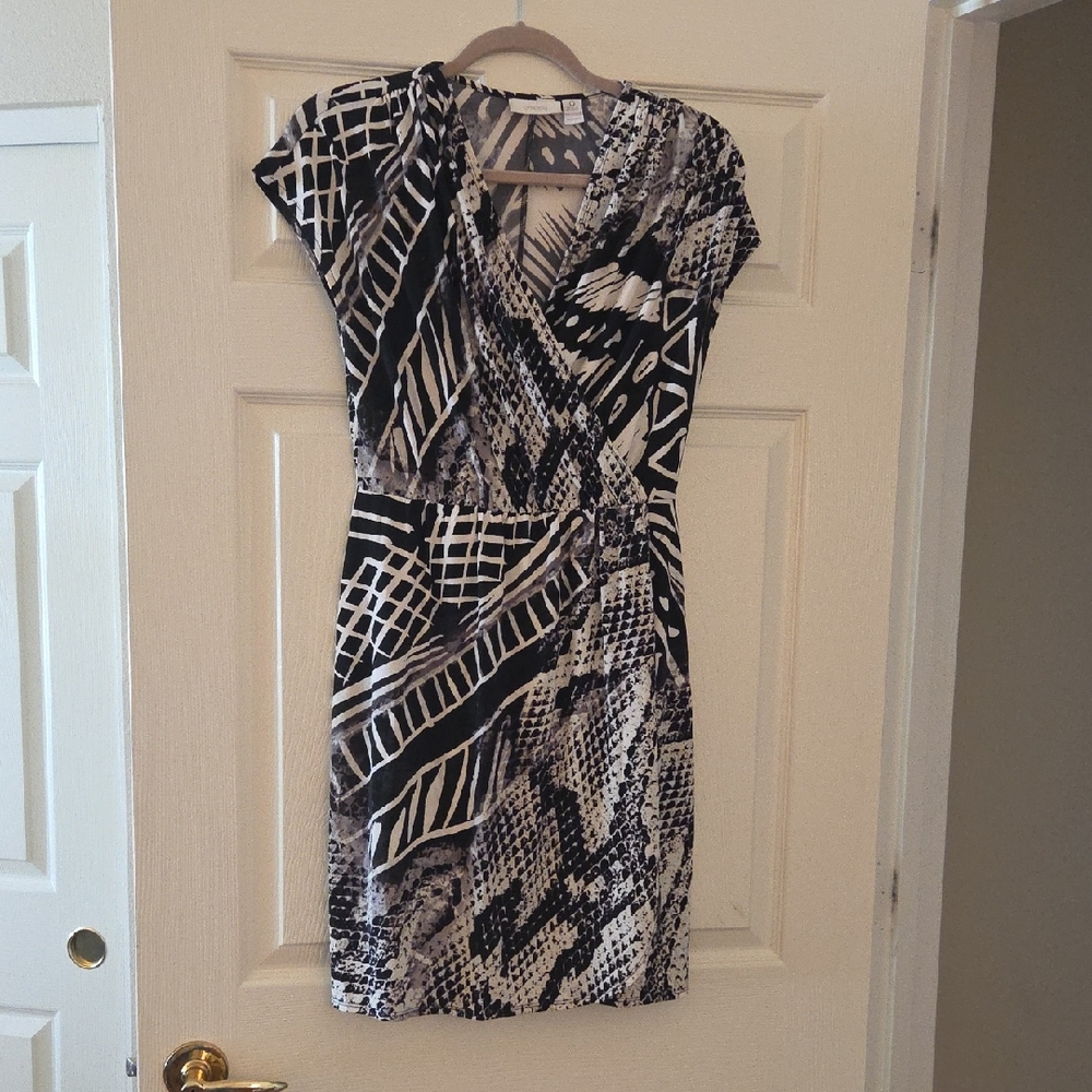 Chico's Black and White Abstract Wrap-Style Midi Dress